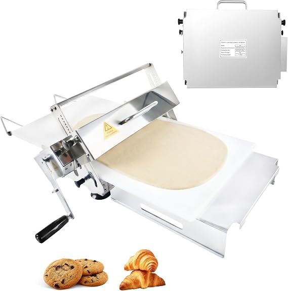 12" Folding Manual Dough Sheeter, Portable Stainless Steel Dough Roller with Non-Stick PE Rolling Board, 0.2-27mm Precise Thickness Adjust, for Home & Commercial Baking