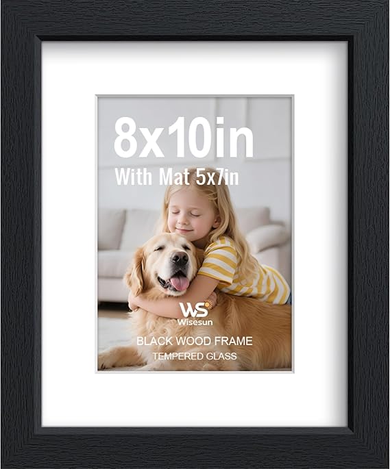 8x10 Picture Frame, Black Wood with Real Glass, 5x7 Mat, 1 Pack