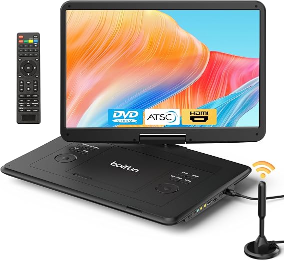 Boifun Portable DVD Player with ATSC TV & FM Radio, 15.6" HD Swivel Screen