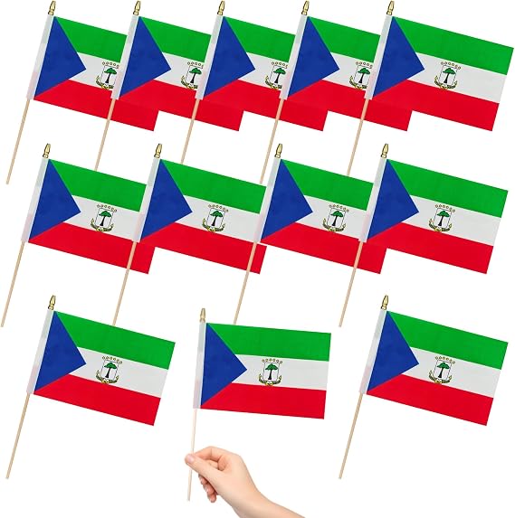 12 Pack Equatorial Guinea Miniature Small Wooden Stick Flags Equatorial Guinean Mini Handheld Flag Patio Lawn & Garden Outdoor Decorations,8x5 Inch