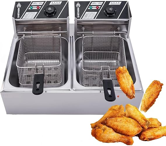 20 Liters Stainless Steel Commercial Deep Fryer, Double Tank Electric Fryer with Basket