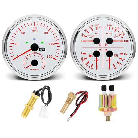 ARTILAURA 110mm GPS Speedometer Gauge Set - 2in1 GPS Speedometer with Tachometer,4in1 Fuel Level Water Temperature Oil Pressure Volt Boat Gauges for Car AUTO Marine (White)