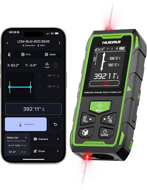 Huepar 2026 Upgraded Dual Laser Distance Meter, 395Ft, Phone App, USB-C