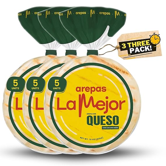 LA MEJOR Cheese-Flavored Colombian Arepas 3 Pack (15 Units) | Mixed Dough with Cheddar & Mozzarella Corn Tortillas | Authentic Latin Food for Breakfast & Snacks | Artisanal, Vacuum Sealed