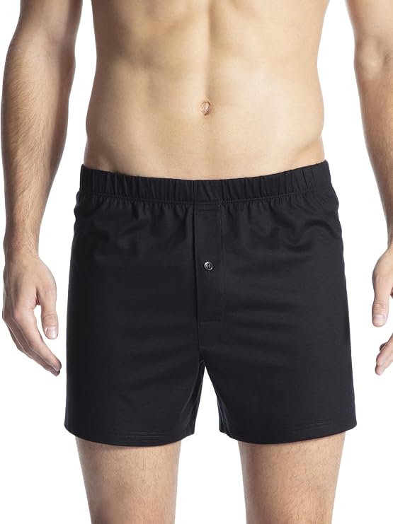 Calida Men's Cotton Code Boxer Shorts with Fly - 100% Pure Cotton Single Jersey Underwear, Swiss Premium Quality, Soft Covered Waistband, Single-Button Fly Boxers for Everyday Comfort Black