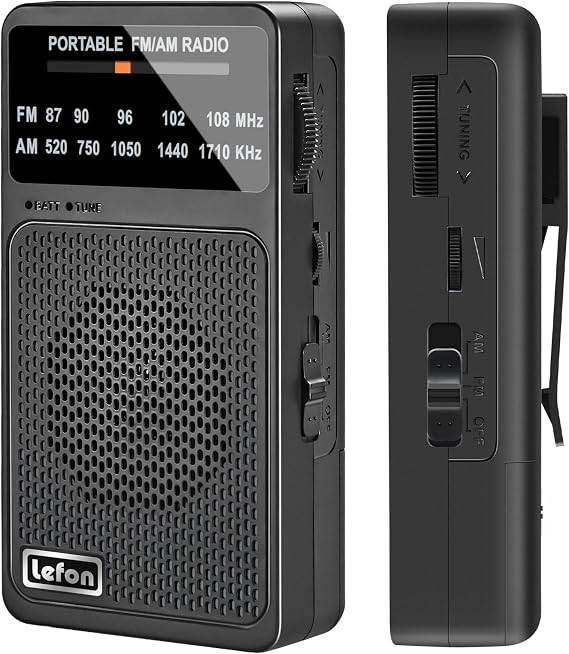 TRELC Portable Radio AM FM, Battery Operated Mini Transistor Radios with Back Clip & Lanyard, Excellent Reception, Speaker & Headphone Jack, AM FM Pocket Radios for Indoor, Outdoor (Black)