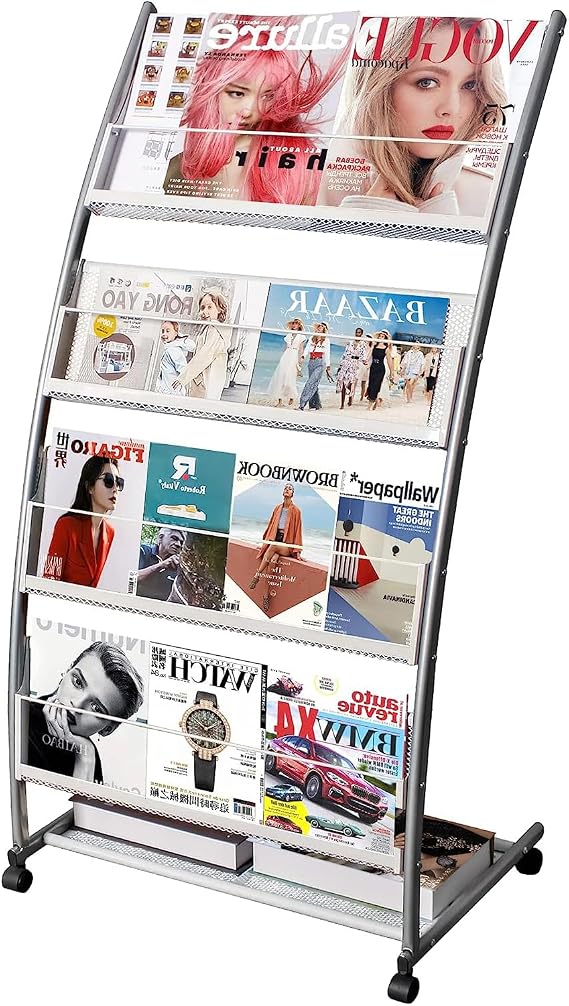 LIWSHWZ Magazine Rack Floor Standing,Brochure Display Stand, 4 Pockets Metal Literature Stand,Newspaper Rack with Wheels for Trade Show Exhibitions Office Retail Store