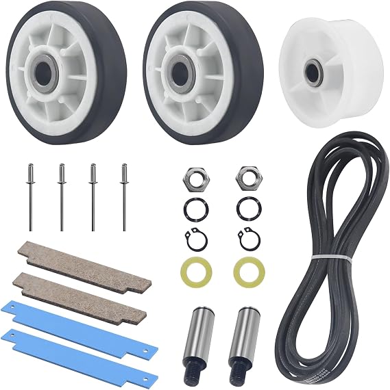 12001541 Dryer Repair Kit Drum Rollers 303373K Dryer Drum Roller kit 306508 Dryer Tumbler Bearing Kit, WP33002535 Drum Belt, 6-3700340 Idler Pulley For May-tag Cros-ley Replace 303373, 306508VP