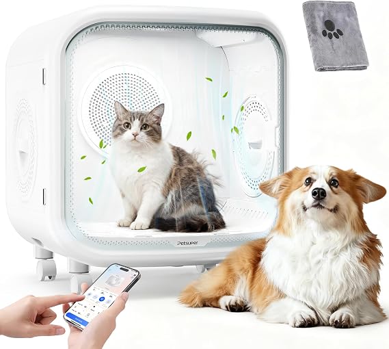 Upgrade 75L Large Automatic Cat Dryer Box -360 Rapid Drying with APP Control, Smart Safe Temperature & Overheat Protection, Ultra-Quiet & Grooming Box for Cats and Small Dogs