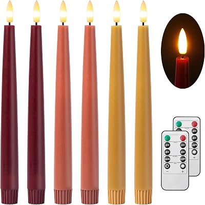 Fall Flameless Taper Candles with Remote and Timer, 9.65 Inch Real Wax LED Candlesticks, Battery Operated Thanksgiving Candles with 3D Flickering Flame, Bordeaux, Terra Cotta & Caramel, 6 Pack