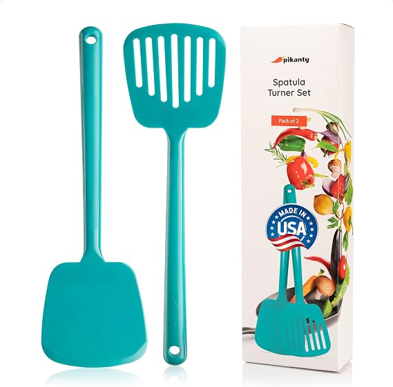 Pikanty - Spatula Turner Set of 2 for Cooking. Great for nonstick cookware. Ideal for Flipping Egg, Burger, Pancake and more. Made in USA (Teal)