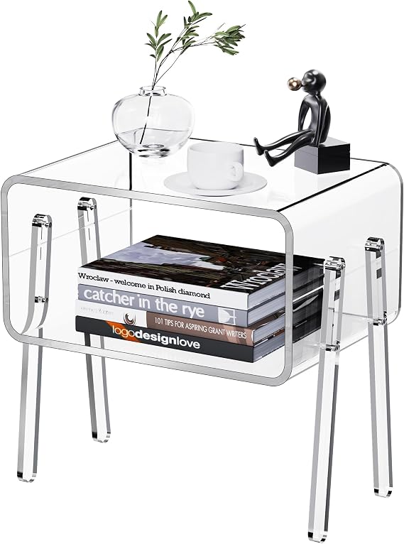Acrylic Side Table, 2-Tier End Table with Open Storage for Small Spaces, Clear Nightstand Bedside Table with for Bedroom, Living Room (Clear, 16.9" 11.8 17)