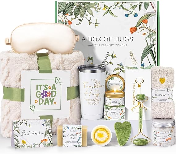 Suhctuptx Self Care Gifts for Women, Get Well Soon Basket Birthday Gifts for Women Care Package, Thinking of You Box w/Blanket, Christmas A Leafy Gift of Care for Mom Her Sister Friend