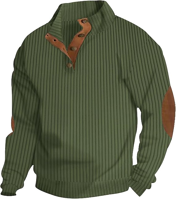 Men's Quilted Sweatshirt Casual Corduroy Quarter Button Up Pullover Long Sleeve Stand Collar Polo