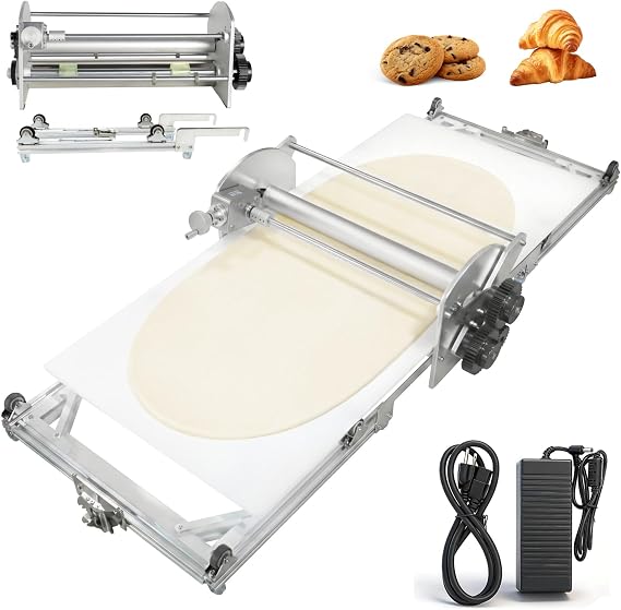 Commercial Electric Dough Sheeter - 22.7'' Foldable Dough Rolling Machine with 2-30mm Adjustable Thickness, Stainless Steel Dough Laminator for Croissant, Pie, Puff Pastry (Home & Commercial Use)