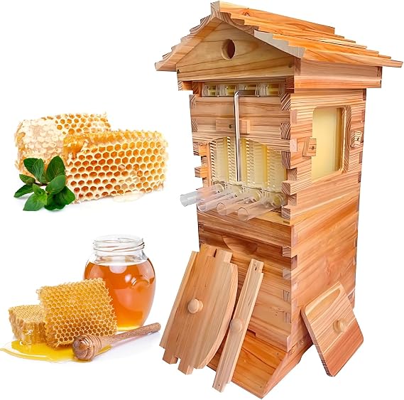 Self-Flowing Beehive Starter Kit, Beehive Starter Kit, Automatic Wooden Bee Hives Boxes, with Observation Window & Honey Spout, for Beginners, Hobbyists, Backyard Beekeeping.