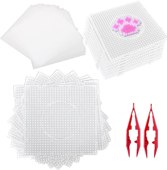 20 PCS Large Fuse Beads Pegboards Square Plastic Bead Board 5mm Clear Fuse Melty Beads Boards with 20 Ironing Paper and 2 Tweezers for DIY Craft