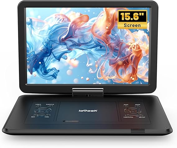 ieGeek 17.5" Portable DVD Player with 15.6" Large HD Swivel Screen, Black | Region Free, For Kids & Elderly, 6 Hrs Battery, Dual Speakers, USB & SD Card, Sync to TV, Home Use & Road Trips