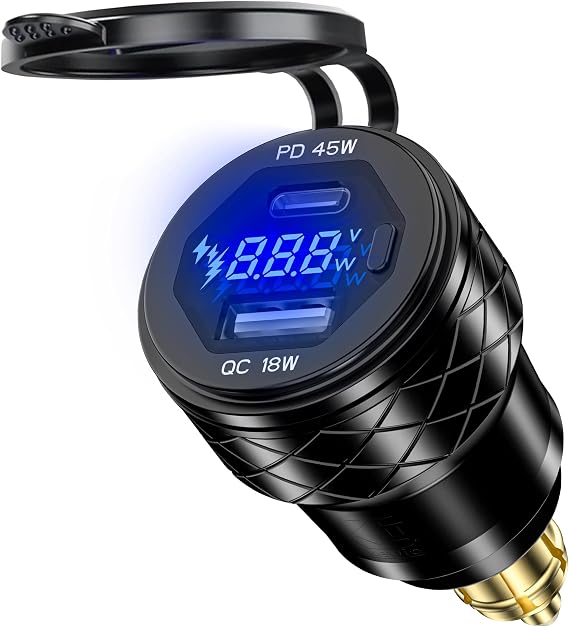 DIN Hella Plug to USB Charger, 45W USB-C PD3.0 & 18W QC3.0 Motorcycle USB Outlet for BMW Triumph Ducati, Waterproof Dual Fast Charge Powerlet Socket with LED Voltmeter