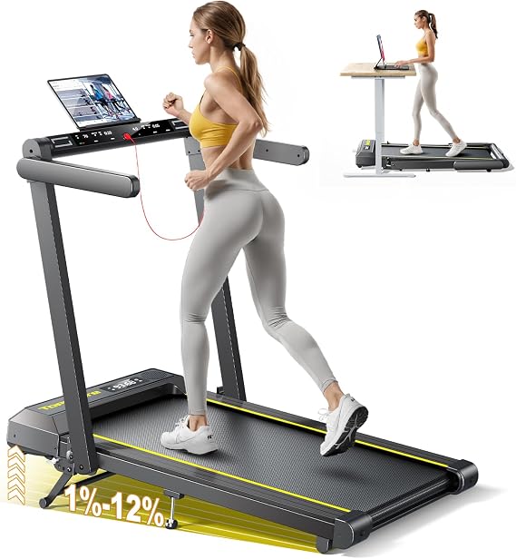 TOPUTURE Walking Pad Treadmill with 12% Incline, 4 in 1 Foldable Treadmill with Handle Bar for Home/Office, Under Desk Treadmills Portable Folding Walking Pad with App & Bluetooth Speaker, 0.6-10MPH