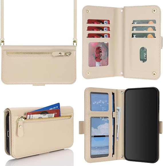 for Samsung Galaxy A14 5G Phone Case Wallet with Card Holder for Women,A14 5G Case with Strap Crossbody Lanyard,PU Leather Shockproof Stand Zipper Pocket Flip Case-Beige