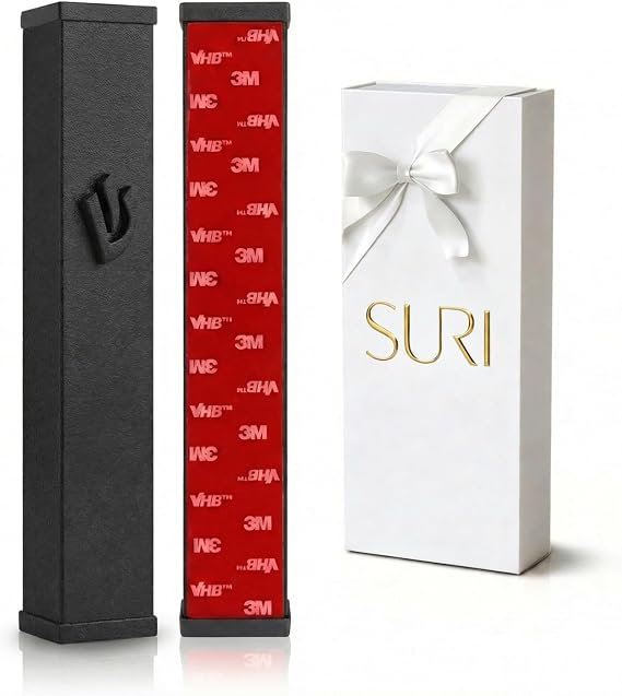SURI Mezuzah Case for Door with Non Kosher Scroll 5.5 Inch Black Aluminum Jewish Mezuza Cover, Self-Stick Adhesive, Fits a 5 Inch Scroll, Gift Box Included