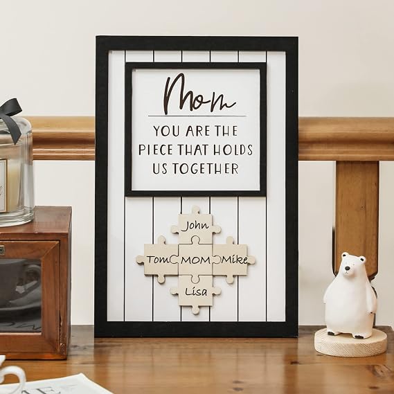 Personalized Mom Puzzle Sign, Mom Birthday Gifts, Name Customized Moms Puzzle Piece Sign for Home Wall Decor Mom You Are the Piece That Holds Us Together Grandma Mother's Day Christmas Gift