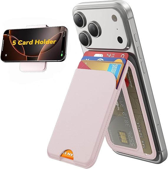 TWZKG for MagSafe Wallet, 5 Cards Holder with Stand, Magnetic Phone Wallet Stand for iPhone 17/16/15/14/13/12 Pro Max Air Plus Series, RFID Blocking Vegan Leather,Pink