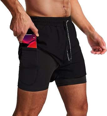 OEBLD Mens Running Shorts 3 Inch Workout Gym 2-in-1 Pants Athletic Compression Tights