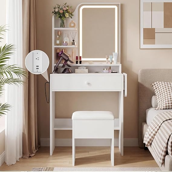 Haewon Small Makeup Vanity Set with Lighted Mirror and Chair, White