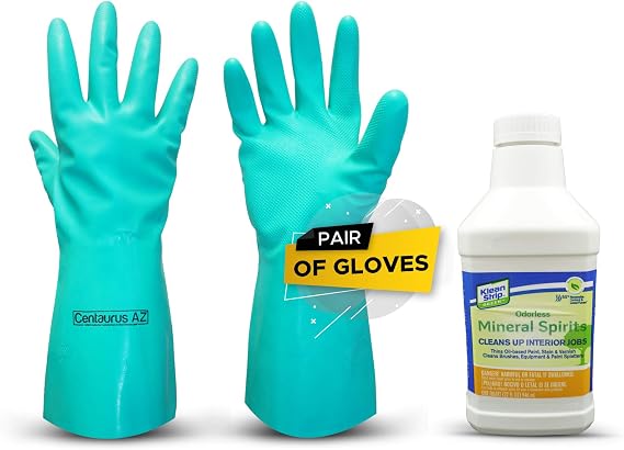 Klean Strip Green Odorless Mineral Spirits - Acrylic Paint Brush Cleaner- Clean Artistic Equipment - Thins Oil Based Paint - Available with Premium Quality Centaurus AZ Gloves-1 QT