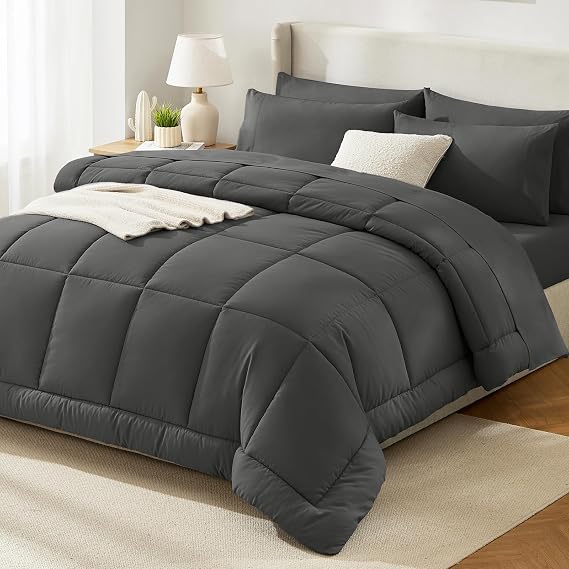 HIMEET Queen Comforter Set Dark Grey, 7 Pieces Bed in a Bag