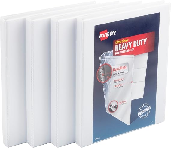 Avery Heavy Duty View 3 Ring Binder, 0.5" One Touch Slant Ring, Holds 8.5" x 11" Paper, 4 White Binders (79709)
