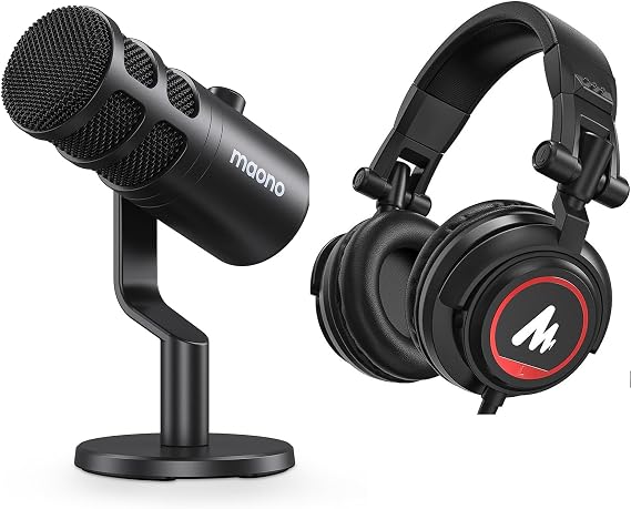 MAONO USB Dynamic Microphone, Podcast Recording Mic with Gain Knob, Metal Structure, Voice-Isolating Technology, Cardioid Studio PC for Streaming, Vocal Mic with Studio Headphone