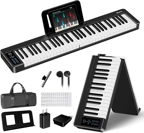 Rhymo Folding Piano Keyboard, 61 Keys Sensitive Electric Piano, Weighted Portable Electric Keyboards with Bluetooth MIDI, Digital Foldable Keyboard for Beginner (Black)