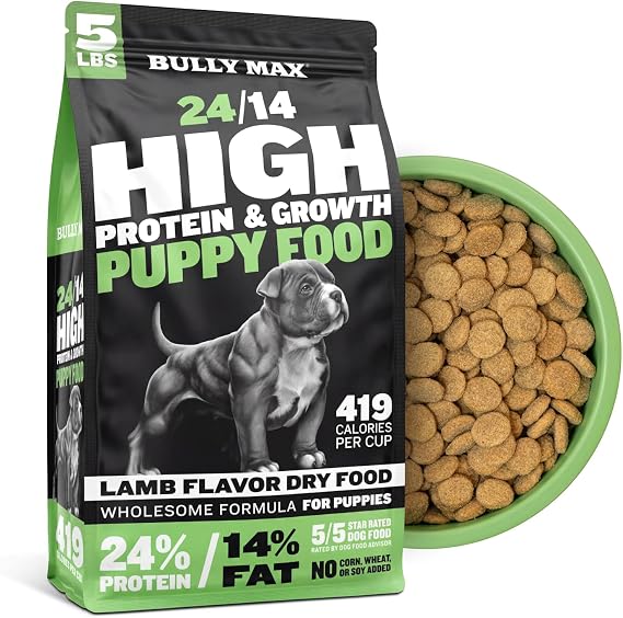 Bully Max Puppy Food 24/14 High Protein & Growth Formula - Dry Dog Food with Lamb and Rice for Small and Large Breed Puppies - Chicken Free, 419 Cal/Cup, Sensitive Stomach Kibble, 5 lb Bag