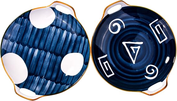 Ceramic Dinner Plate with Handles Set of 2, 9'' Blue White Serving Plates