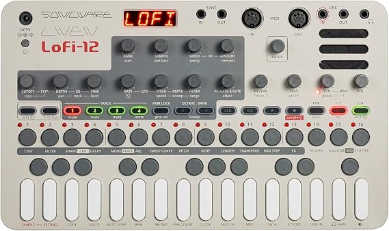 Sonicware Liven Lofi-12 [Lo-fi Groovebox & Sampler] Retro sampling with 12bit Sampler mode, 4-track step sequencer, 10 voices, 12 Track Effects + 9 Master Effect, Battery-powered, Built-in speaker