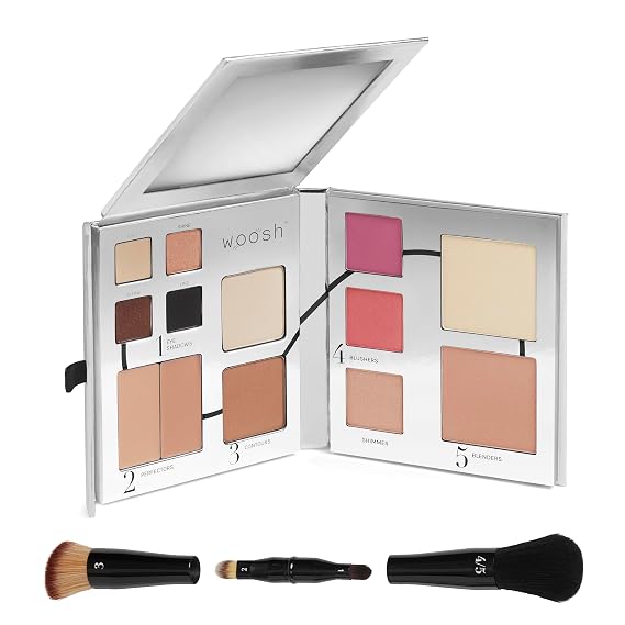 Woosh Beauty, Fold Out Face Palette with Secret Brush, Travel All in One Neutral Cream & Powder Kit, 4 in 1 Nested Makeup Brush (#1 Light)