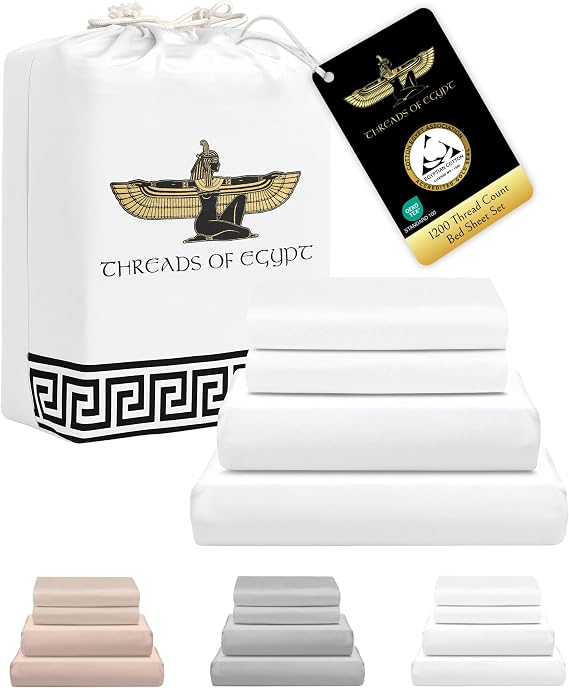 100% Egyptian Cotton Sheets Queen Size | 1200 Thread Count | Heavyweight Hotel-Weight Weave | CEA Gold Seal Certified | 18" Deep Pocket | 4-Piece Sheet Set [White]