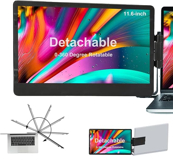 farfi Laptop Screen Extender - 360 Rotatable Portable Monitor | 11.6"" Foldable Laptop Monitor Extender with USB-C & Mini HDMI, Plug and Play for Mac, PC, and Android, 91005358FARFI