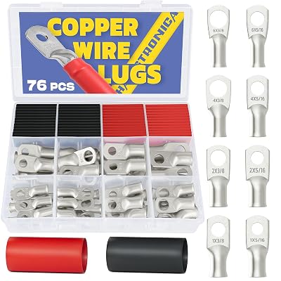 haisstronica Wire Lugs Kit,76PCS Tinned Copper Lugs with 3:1 Heat Shrink Tubing,Heavy Duty Battery Cable End AWG 6 4 2 1,Battery Terminals Connectors