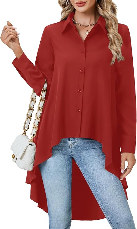 OPOIPIN Women's Button Down Shirt Asymmetrical High Low Hem Blouse V Neck Long Sleeve Tunic Tops