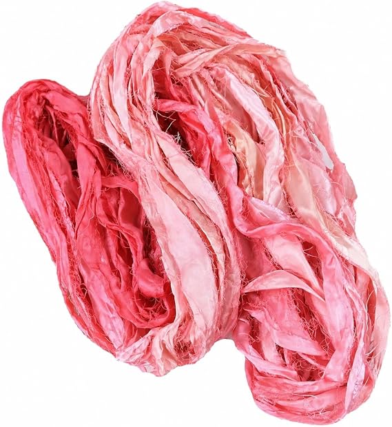 Knitsilk Recycled Sari Silk Ribbon |Best for Crochet, Knitting and Jewelry Making |Sustainable and Unique Texture Ribbon Yarn |50 GMS-30Yards-Peach Ombre, Pack of 1|