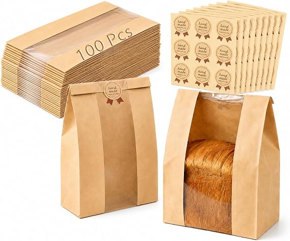 Bread Bags for Homemade Bread, 100PCS Bakery Bags with Window | Kraft Paper Bread Packaging Bags with Sealing Stickers for Sourdough, Loaves, Cookies & Baked Goods, Perfect for Home Bakers