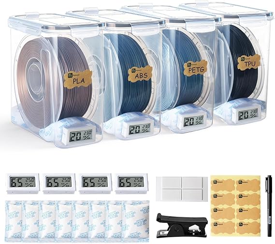 Filament Storage Box - 4 Pack 4L 3D Printer Filament Containers with 4 Hygrometers, Airtight Dry Boxes for Sealing and Protection, Water-Proof & Dust-Proof, Reusable Desiccant, Tube Cutter