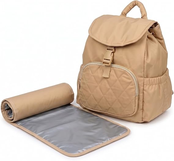 Diaper Bag Backpack for Mom & Dad - Large Baby Bag with Changing Pad & Stroller Straps - Laptop Pocket & Bottle Holder - Polyester, Water-Resistant & Travel Diaper Backpack - Beige Color