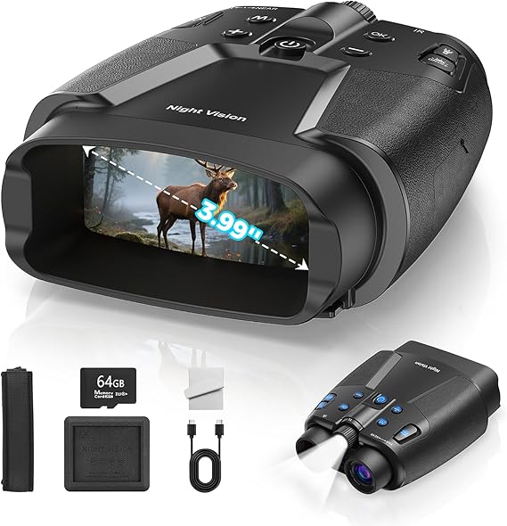 Gece Görüş Gözlükleri - 4.9 inç HD Ekranlı 4K Gece Görüş Dürbünleri, 10000mAh Şarj Edilebilir ve Yaban Hayatı Gözlemi, Kamp, Gözetim için 64 GB Kart Dahil