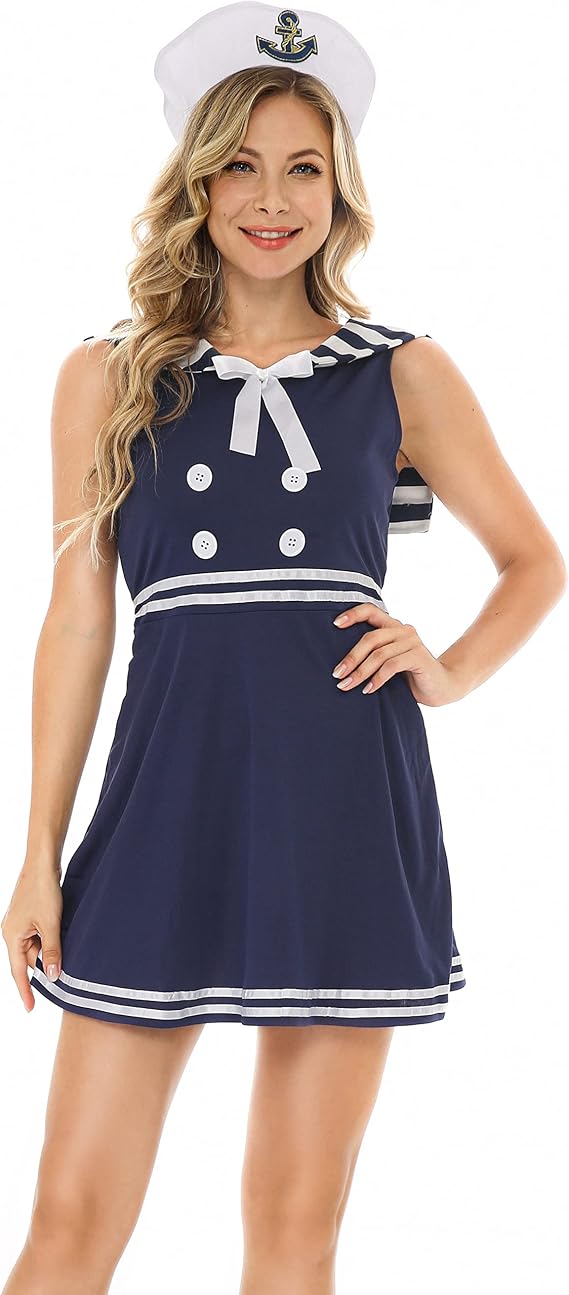 Women Sexy Sailor Sleeveless Naval Costume Halloween Girl Outfit Cosplay Fancy Party Dress