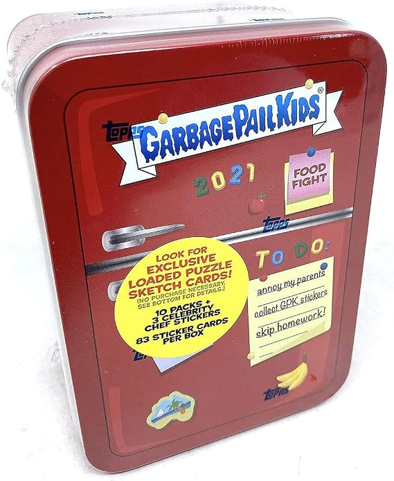 2021 Garbage Pail Kids Food Fight Value Blaster Tin 10 Packs + 3 Celebrity Chef Cards (83 Total Sticker Cards) 1 Random Color Tin (Red, Green, or Orange) GPK Box